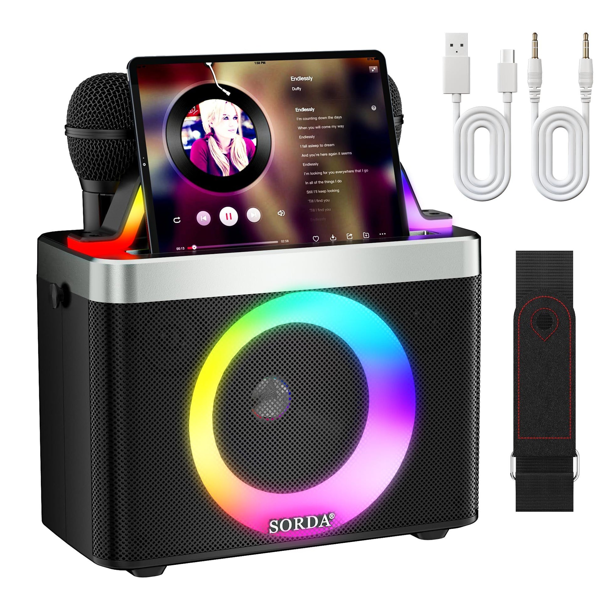 Bluetooth Karaoke Machine 2 Wireless Mics USB/AUX Shoulder Strap