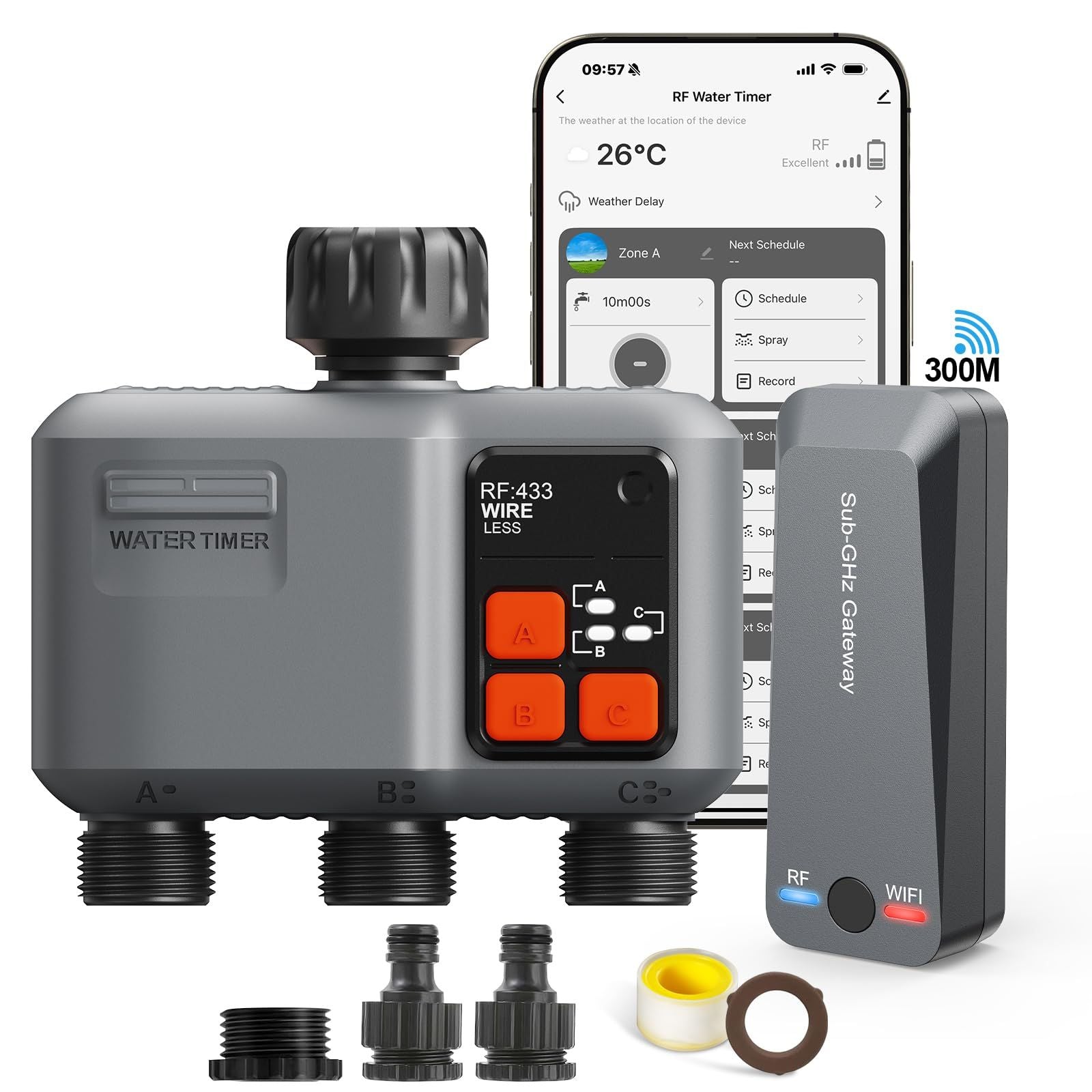 Wi‑Fi Irrigation Controller 3-Zone with RF 300m, Alexa & Smart Life App – Black