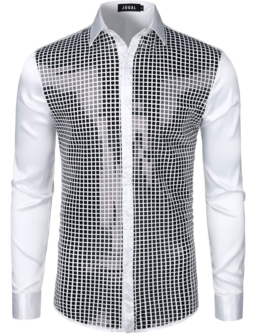 Men’s 70s Sequin Long Sleeve Shirt Retro Party – White/Black XL
