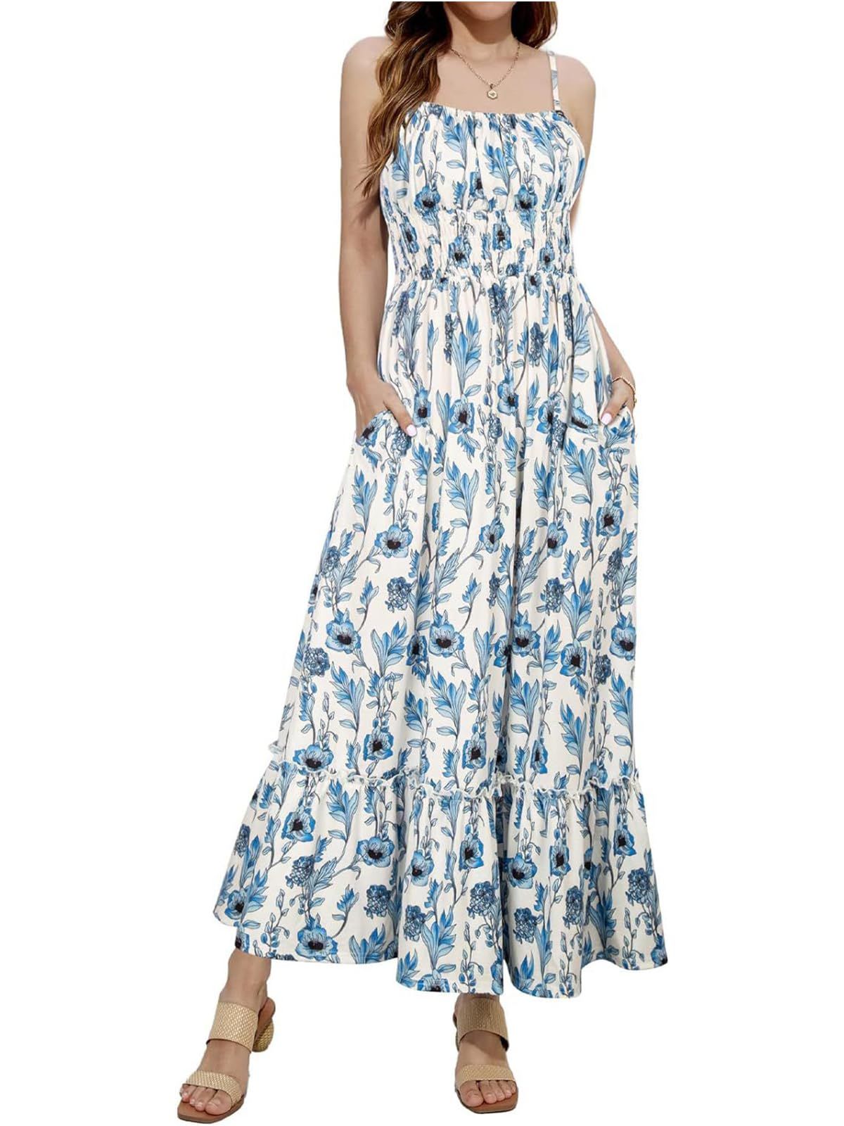 Off-Shoulder Summer Floral Maxi Dress Sleeveless Spaghetti Straps with Pockets – Floral - Mixed Box