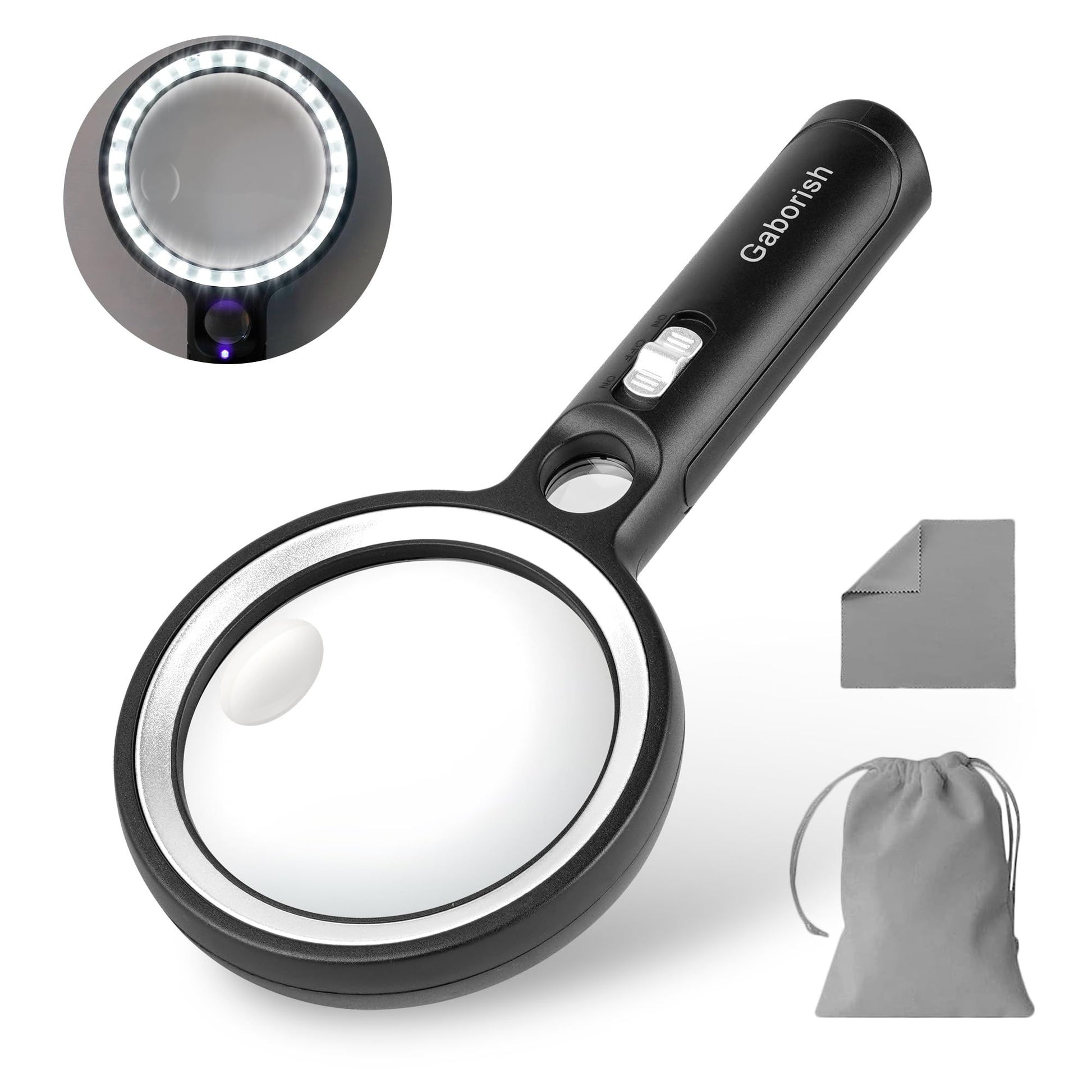 GABORISH 10X 20X 45X Magnifying Glass with Light – Handheld for Reading, Inspection