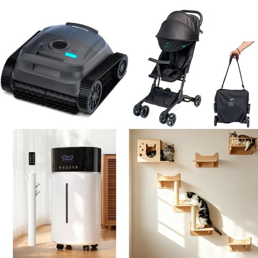 Pallet – Mixed Products – Pool Robot, Humidifier, Travel Buggy, Cat Wall Furniture, Pilates Board, Dinnerware, Pendant Light, Grass Trimmer, LED Kit, Motorcycle Helmet