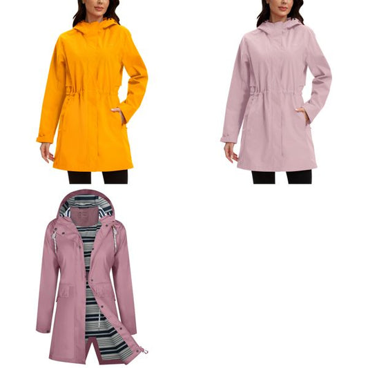 Women's Long Waterproof Rain Jacket Hooded PU Trench Coat – Pink XL - Mixed Box