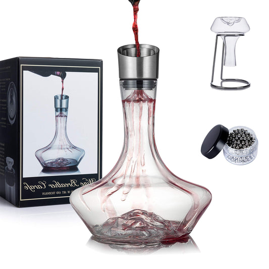 Wine Aerator Carafe Set Hand-Blown Lead-Free Crystal 1400ml with Drying Rack & Cleaning Beads – Clear
