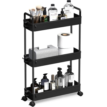 3-Tier Storage Trolley Cart Slim Rolling Utility Cart – Black