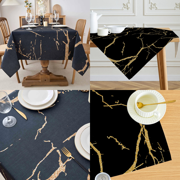 Rectangular Tablecloth Marble-Effect Washable – Black and Gold 140x240cm - Mixed Box