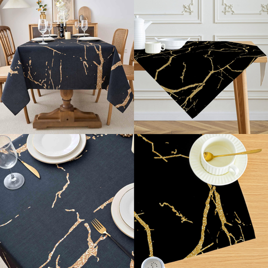Rectangular Tablecloth Marble-Effect Washable – Black and Gold 140x240cm - Mixed Box