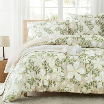 Microfiber Duvet Cover Set 3-Piece Floral Zipper 2 Pillowcases - Beige 155x220 cm