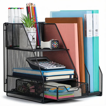 Desk Organizer Multifunctional Foldable with 2 Drawers Pen & File Holder – Black