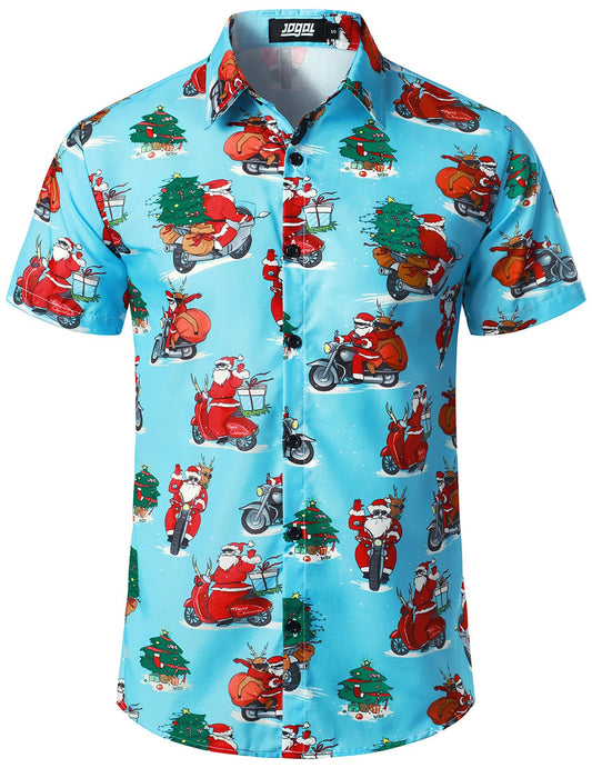 Men's Christmas Hawaiian Shirt Short-Sleeve Funky Santa Print – Light Blue M - Mixed Box