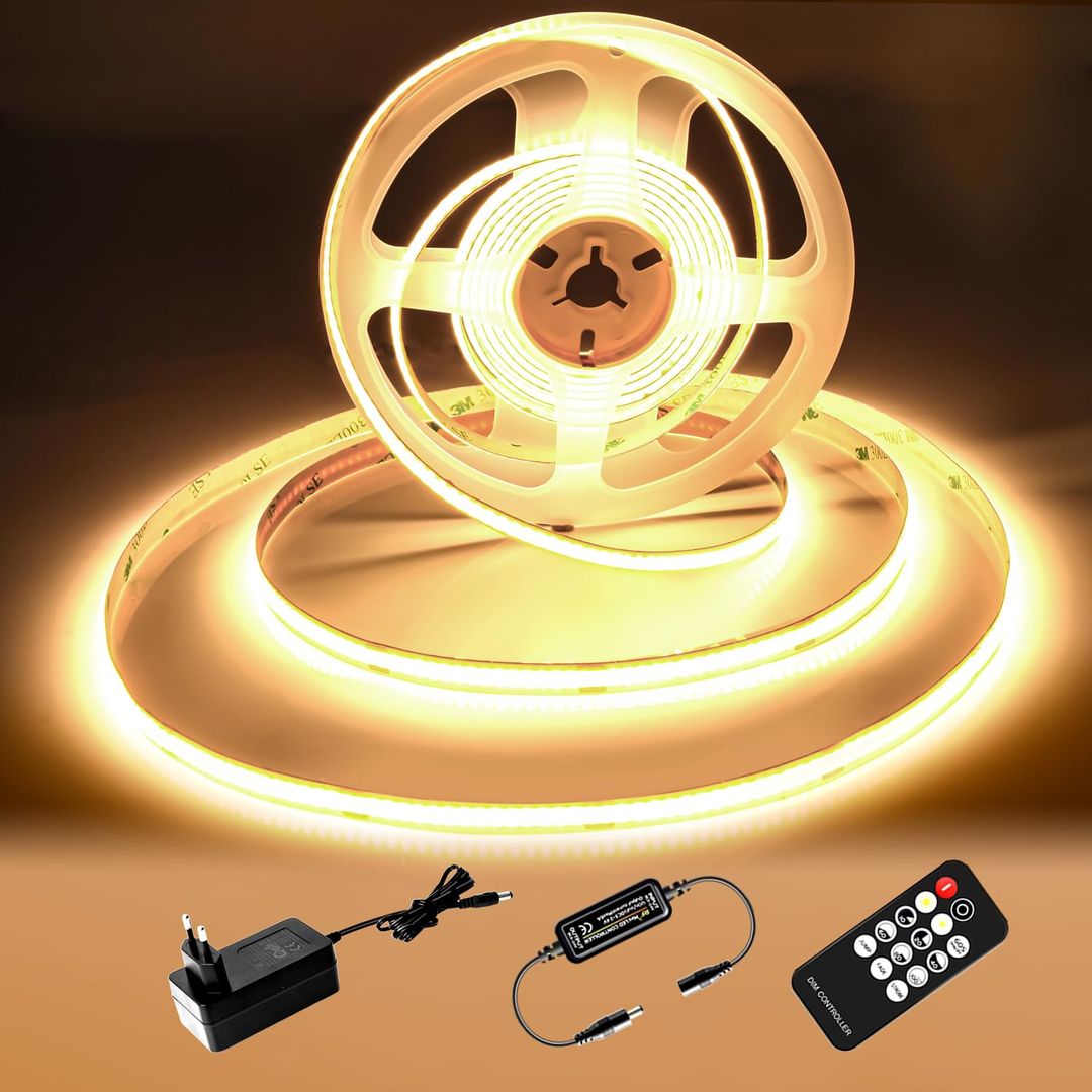 COB LED Strip Light 5M Warm White 3000K Dimmable with Remote Control – DIY
