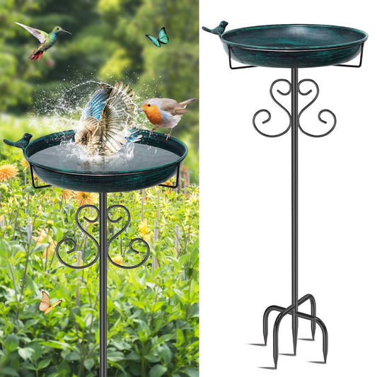 Standing Metal Bird Bath 103cm Vintage with Bird Statue – Vintage Green