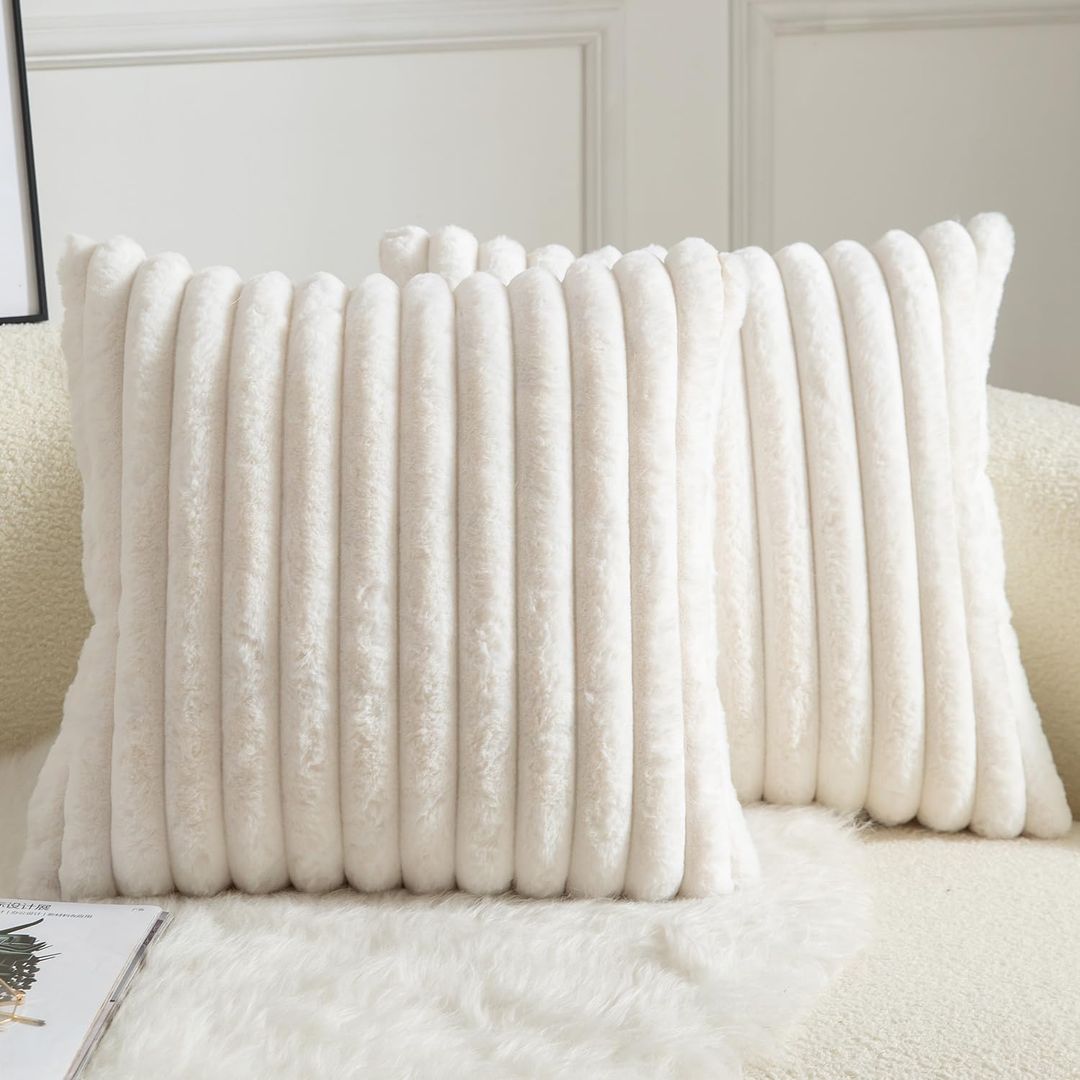 Striped Faux Fur Cushion Covers 2-piece Super Soft Decorative – Cream 60x60 cm