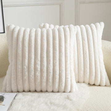 Striped Faux Fur Cushion Covers 2-piece Super Soft Decorative – Cream 60x60 cm