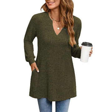 Women's V-Neck Lightweight Pullover Long Sleeve with Pocket – Blue M