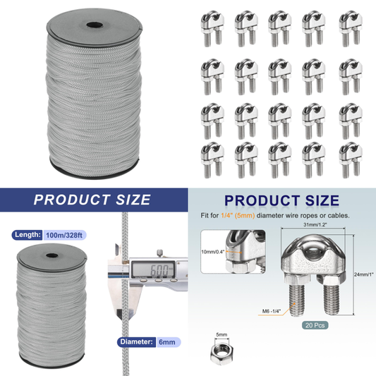 Polypropylene Braided Utility Rope 1/4 inch Hollow 328 ft for Camping Clothesline – Light Grey 328 ft - Mixed Box