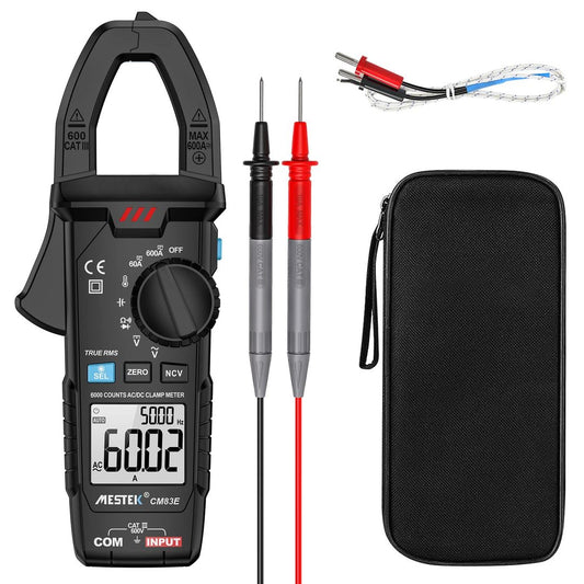 MESTEK AC/DC Clamp Meter True-RMS 6000 Counts Voltage Current Temperature – Black
