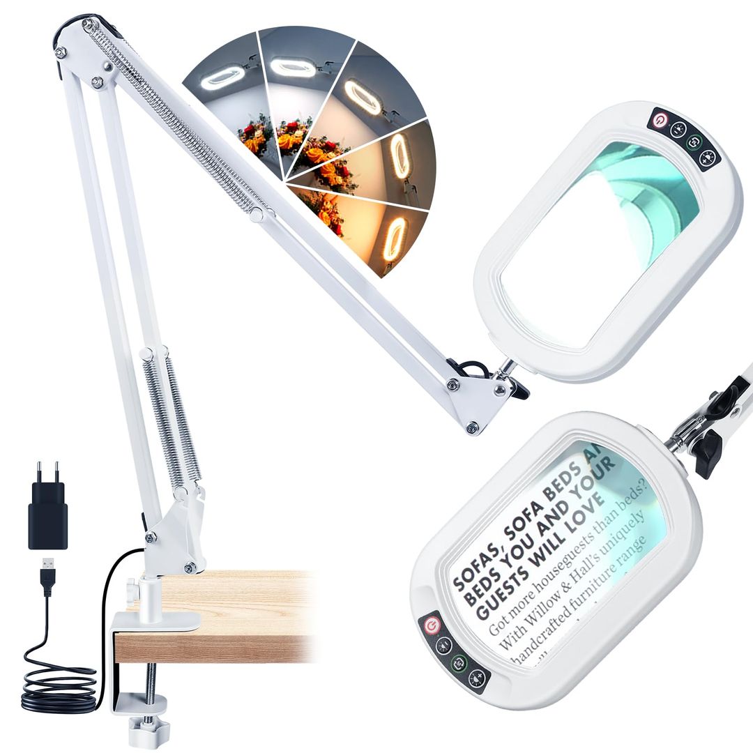 LED Magnifying Lamp 10x Real Glass 2x16in Swivel Arm 5 Colour Modes Clamp – White