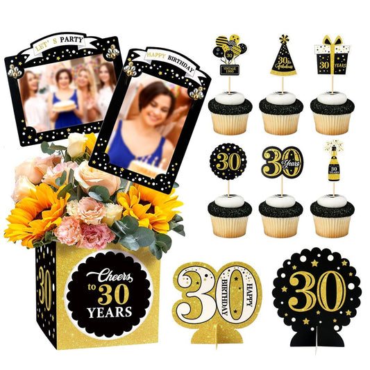 Happy 30th Birthday Cake Toppers 40pcs Photo Picks Party Table Decorations – Gold/Black