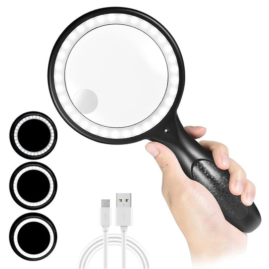 60x/30x LED Magnifying Glass Handheld with Light USB Rechargeable for Seniors and Hobbies – Black