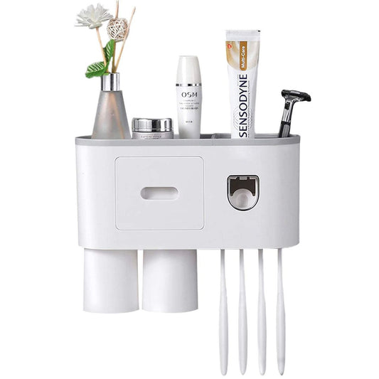 Wall-mounted Toothbrush Holder with Automatic Toothpaste Dispenser – White