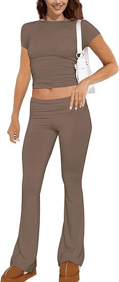 Women’s Lounge Set Short Sleeve Top & Flared Trousers Slim Loungewear – Z-Brown M