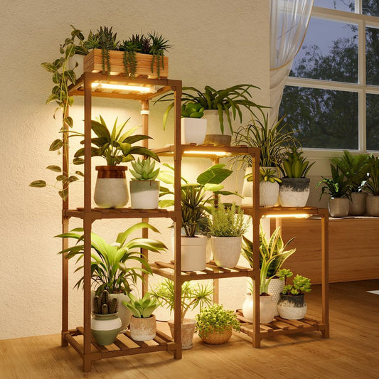 6-Tier Plant Stand with LED Grow Light Wooden Indoor Plant Shelf Modern Flower Stand for Living Room & Balcony – Natural Wood