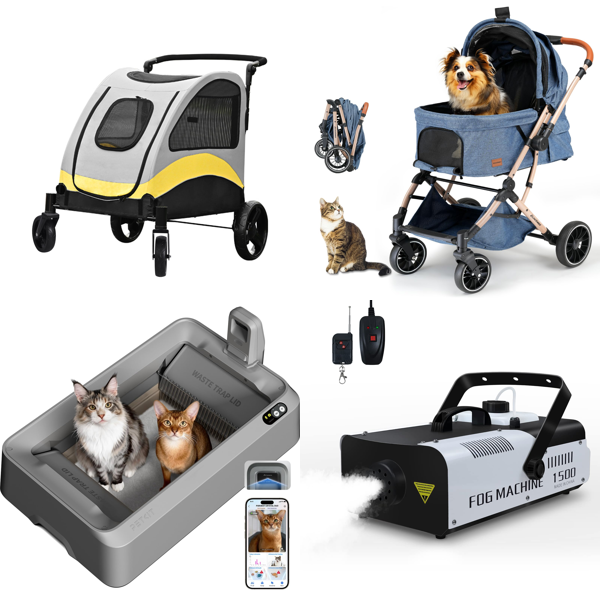 Pallet – Mixed Goods – Dog Strollers, Smart Feeders, Cat Litter Box, Mattress Topper, Wall Art, Electronic Dartboard