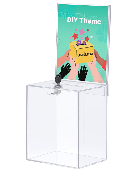 Acrylic Donation Box Tall Transparent with Slot Lock & Sign Holder – 17x13x20cm