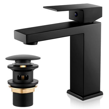 Square Bathroom Faucet Single-Lever Mixer Tap with Pop-Up Waste – Black 164mm