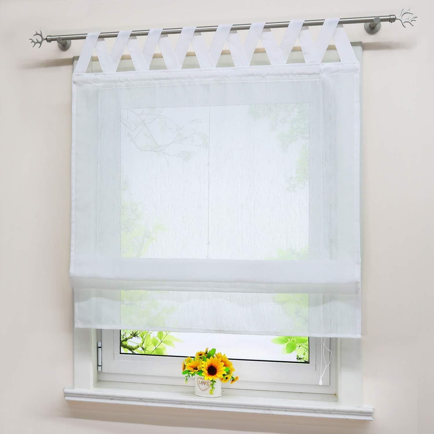Roman Blind Linen-Look V-Loop Transparent Scarf Curtain 120x140cm – White