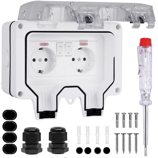 Outdoor Waterproof Socket IP66 with Cover – 2-Way White