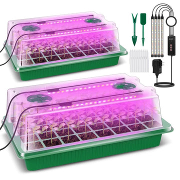 Indoor greenhouse seedling kit with LED light, humidity dome & timers – 2-pack