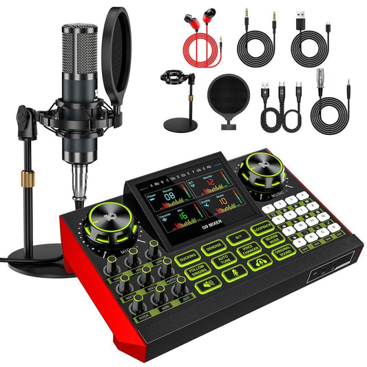 Podcast audio bundle mixer sound card with 3.5mm microphone for streaming recording – Black