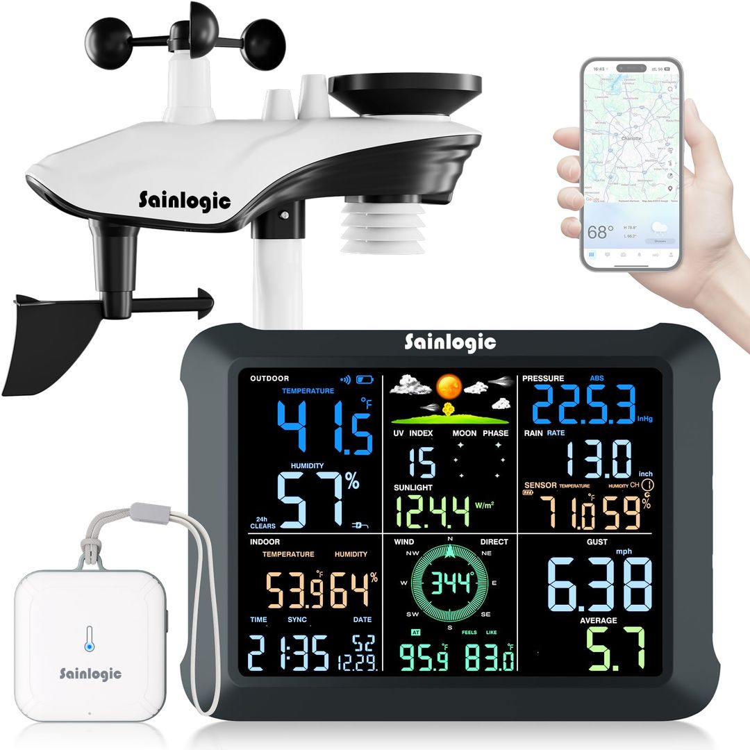 Sainlogic Smart Weather Station Wi-Fi 14-in-1 Indoor/Outdoor with Rain Gauge & UV