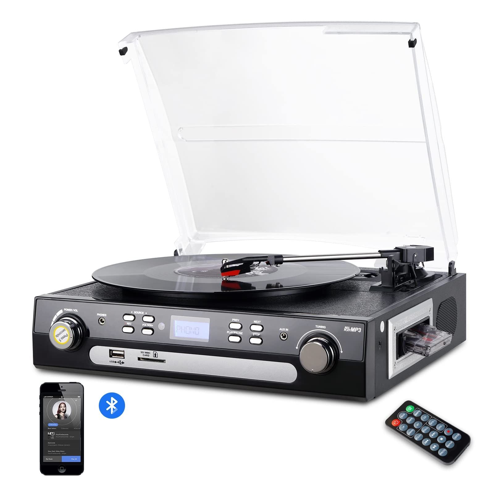 DIGITNOW! Bluetooth Turntable with Speakers Vinyl to MP3 USB – Black - Mixed Box