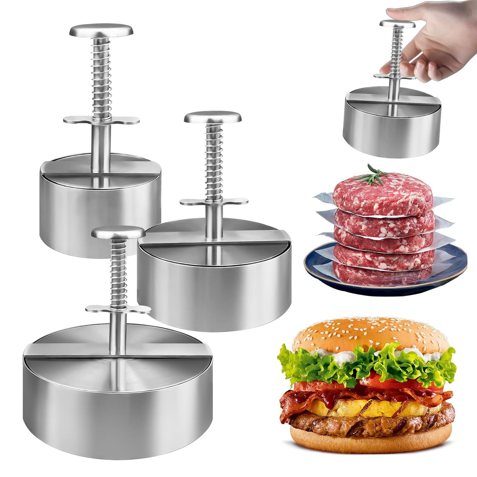 Adjustable Burger Press 3-Piece 8/11.5/14cm Stainless Steel Non-Stick Patty Maker – 3pc