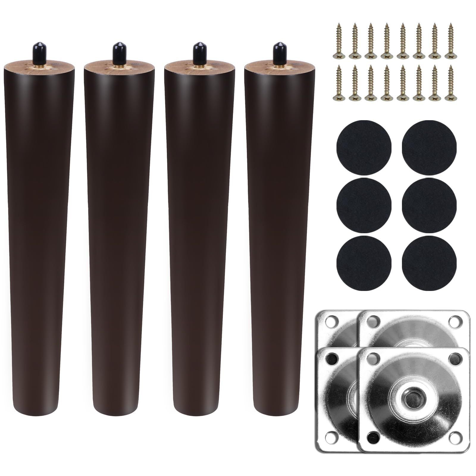 Solid Wood Round Tapered Furniture Legs 30cm with Mounting Plates Screws & Felt – Walnut (4pcs)