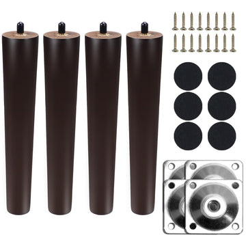 Solid Wood Round Tapered Furniture Legs 30cm with Mounting Plates Screws & Felt – Walnut (4pcs)