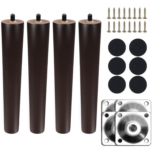Solid Wood Round Tapered Furniture Legs 30cm with Mounting Plates Screws & Felt – Walnut (4pcs)