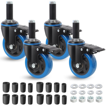 100mm Heavy Duty Casters Set with Brake 500kg Load Fits 23/28/34/40mm Tubes – Blue