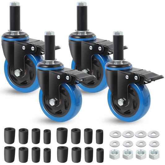 100mm Heavy Duty Casters Set with Brake 500kg Load Fits 23/28/34/40mm Tubes – Blue