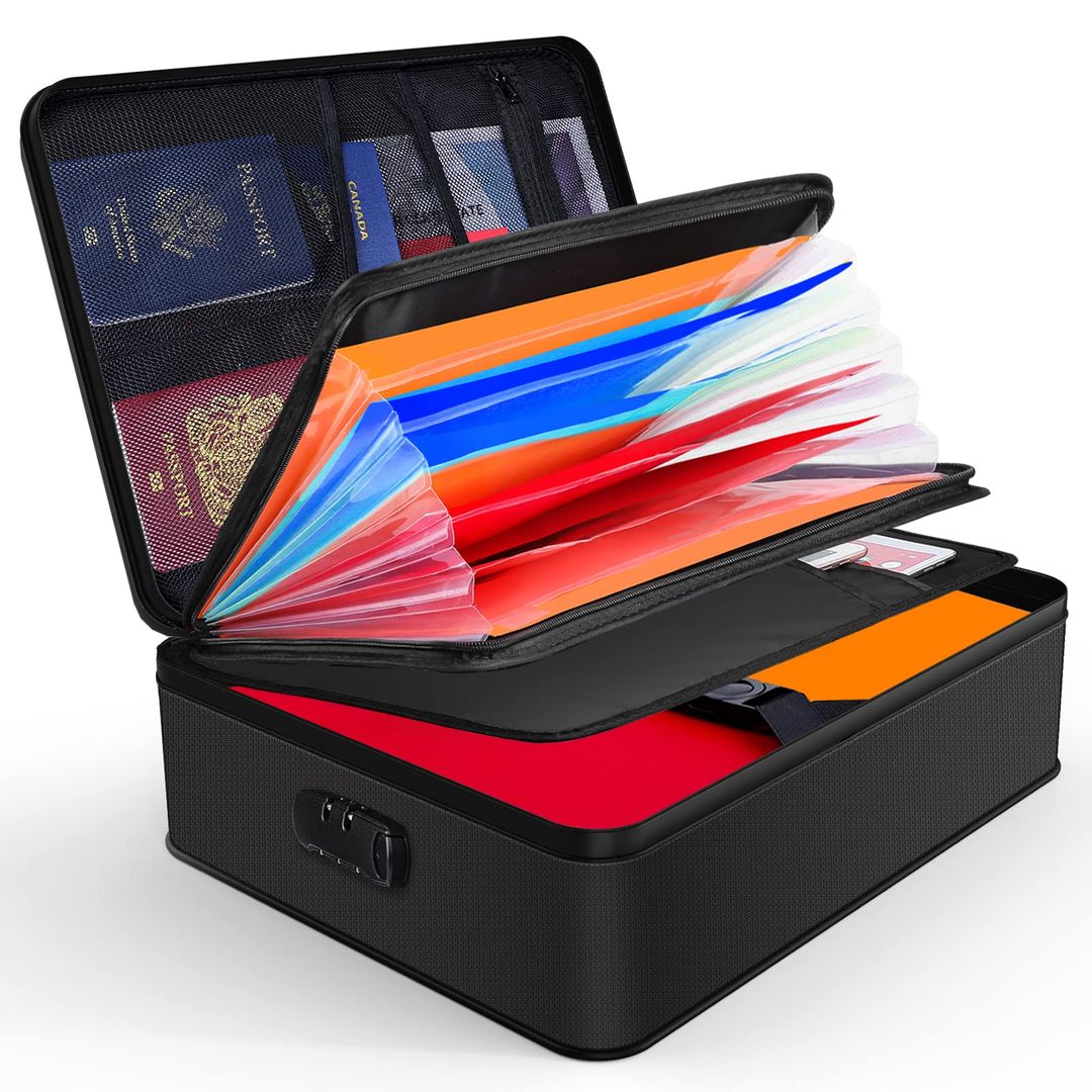 Fireproof Document Box with Lock 7 Compartments Portable Briefcase for Documents – Black
