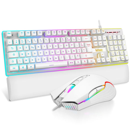 RedThunder K10 Gaming Keyboard & Mouse RGB Backlighting 7200 DPI – White AZERTY