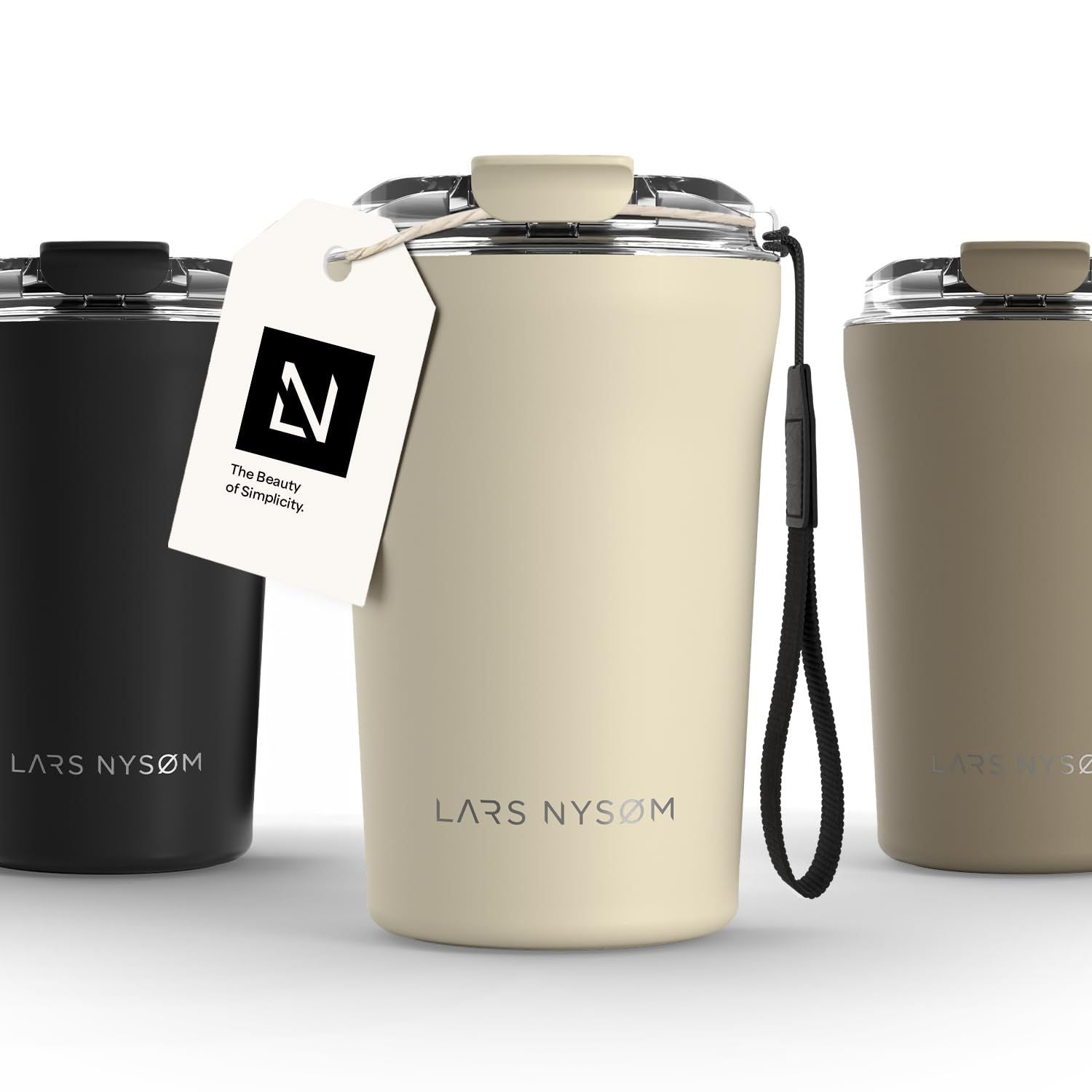 Thermo Travel Coffee Mug with Strap 0.38L Insulated Leak Proof Stainless Steel – Almond Beige