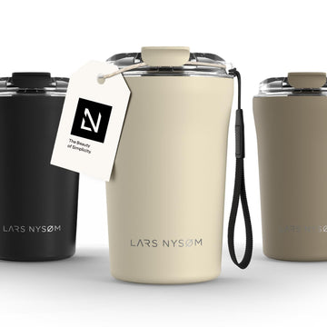 Thermo Travel Coffee Mug with Strap 0.38L Insulated Leak Proof Stainless Steel – Almond Beige
