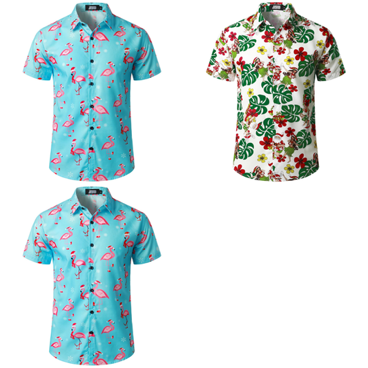 Men's Christmas Hawaiian Shirt Short-Sleeve Funky Santa Print – Light Blue M - Mixed Box