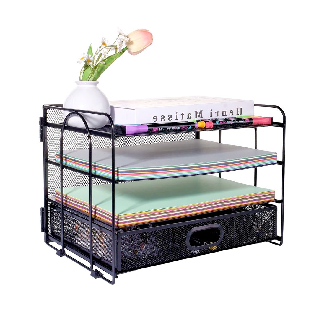 A4 4-Tier Mesh Filing Tray Document Magazine Organizer with Pen Holders – Black