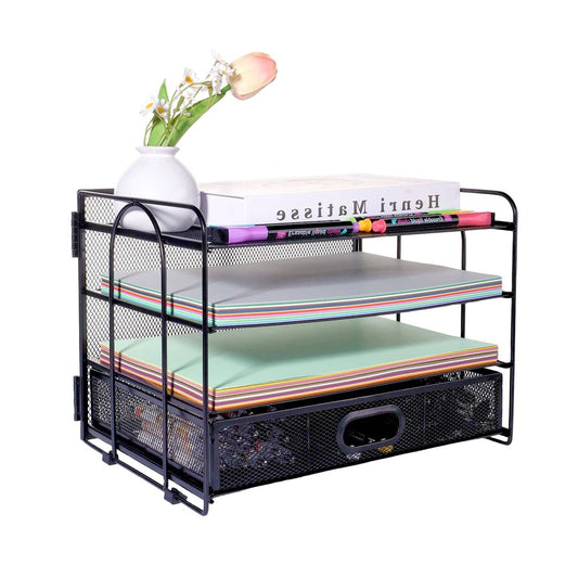 A4 4-Tier Mesh Filing Tray Document Magazine Organizer with Pen Holders – Black