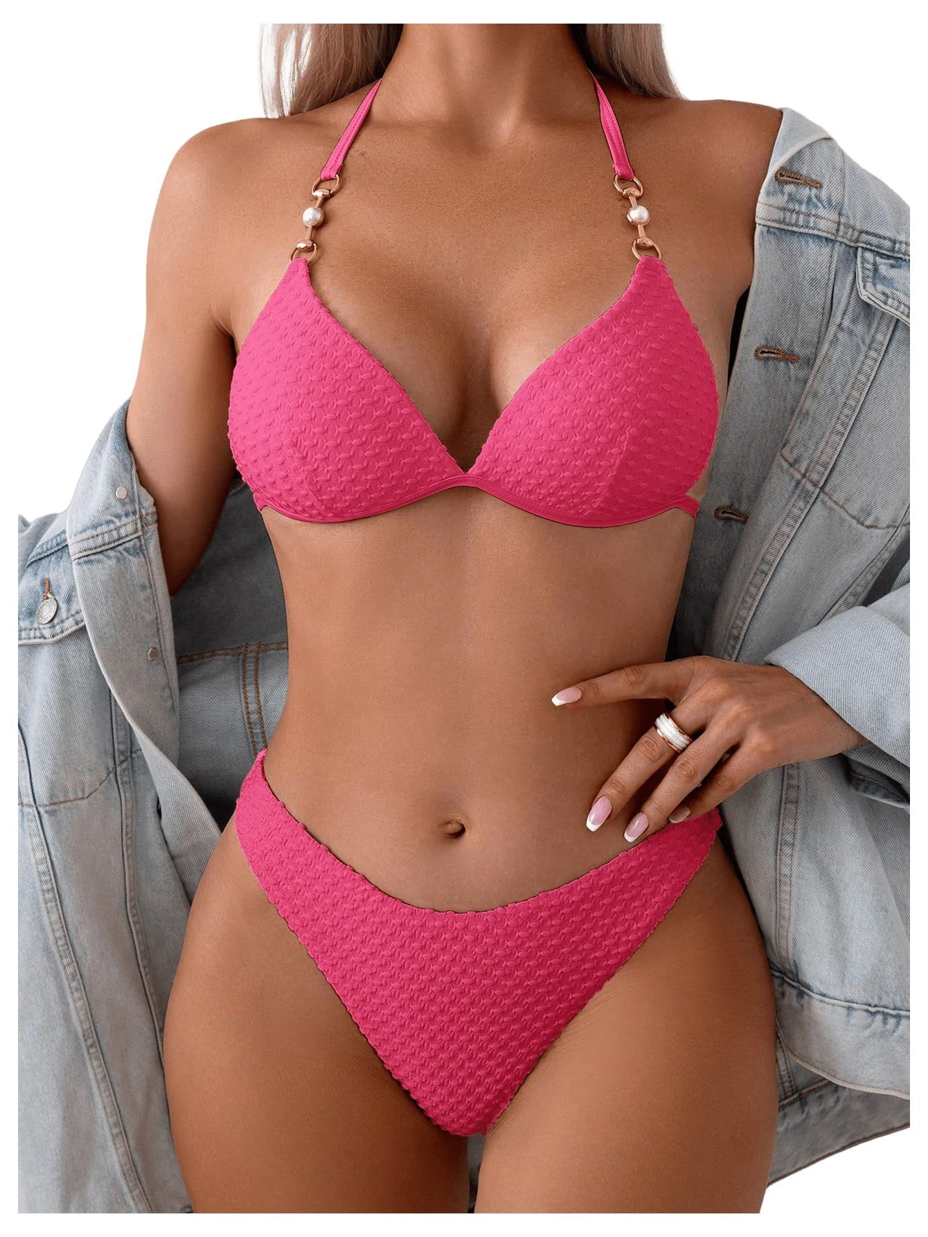 Women's Bikini Set with Chains Halter Neck – Hot Pink L - Mixed Box